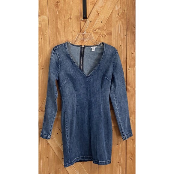 Guess Denim Bodycon Dress Slimming V-Neck Long Sleeve Y2K 90s Size Medium - Picture 1 of 10